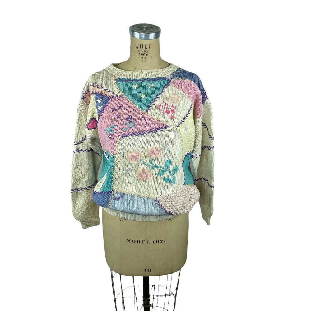 1980s hand knit cotton sweater pastel quilt design hearts flowers Saks Fift Ave